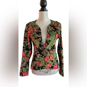 FARM RIO fitted black & floral stretch velvet buttoned jacket Small, boho style